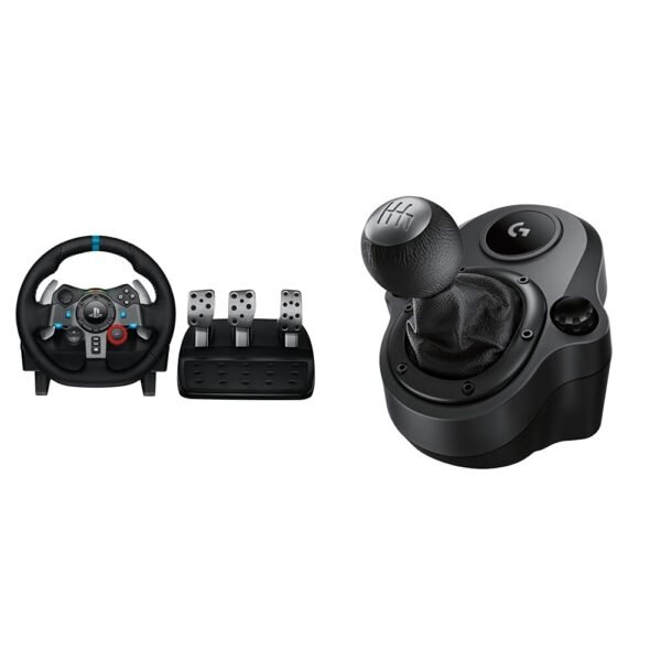 Logitech G G29 Volante y Pedales de Carrera, Force Feedback, para PS5, PS4, PC y MAC y Palanca de Cambio para Volante, 6 Velocidades, Marcha Atrás a Presion, Acero y Cuero auténtico