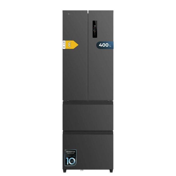 Cecotec Frigorífico Combi No Frost Inox Puerta Francesa 4 Puertas Oscuro Bolero CoolMarket Combi F2D 400 Dark E. Frigorífico 4 Puertas oscuro, 400L, NoFrost, Motor Inverter y funciones Fast Cooling