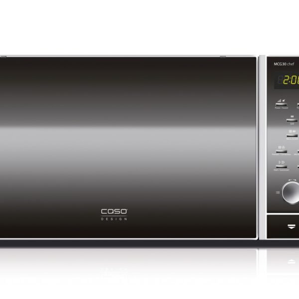CASO MCG 30 Chef - microondas 3 en 1 de 900W con grill de 1250W y aire caliente de 2200W - Capacidad de 30L - Plato giratorio Ø 31,5 cm - pantalla digital, frontal espejado - acero inoxidable y negro
