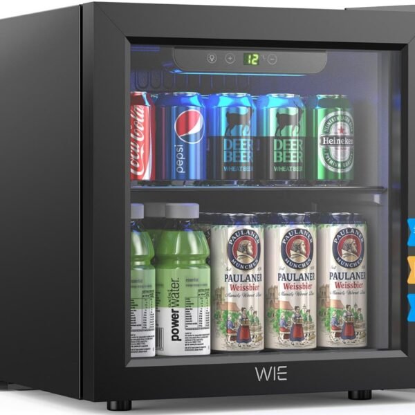 WIE Nevera para Bebidas 36L, Mini Frigorífico Expositor 55 Latas con Puerta de Cristal, Compresor 4-16°C, No Frost, 43dB Silencioso, LED, Frigorífico Pequeño para Hogar, Oficina y Bar