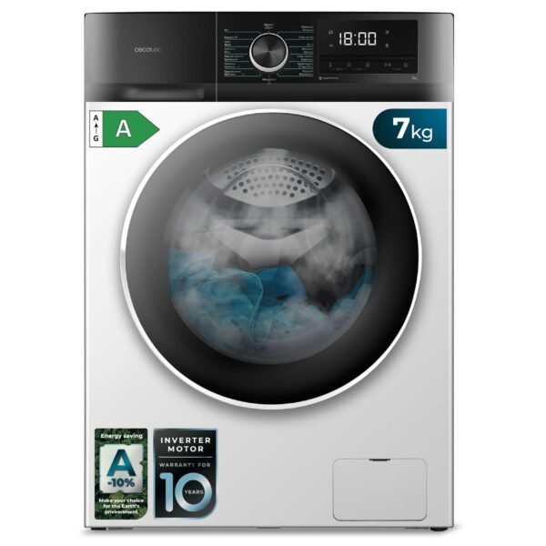 Cecotec Lavadora 7Kg Carga Frontal Bolero Dresscode 7500 Inverter A. 1850W, 1400 rpm, Motor Inverter Plus, Bajo Consumo, 16 Programas, SteamMax, Delay Start, Blanco