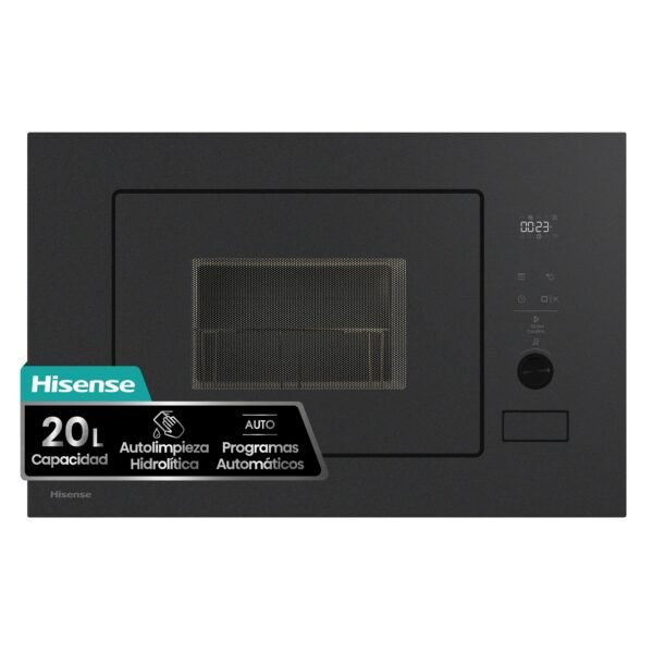 Hisense BIM320G52MG - Microondas integrable, 20L, Fondo 35cm, Autolimpieza Hidrolítica, Programas Automáticos, Cocción Multietapa, Descongelado por Tiempo y Peso, Cristal Negro Mate