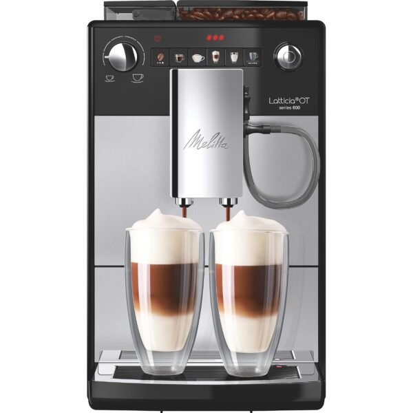 Melitta Latticia OT F300-101 - Cafetera superautomática para café con leche espumada o capuchino, máquina de café con molinillo silencioso y 3 niveles de intensidad, 1,5 L, plata