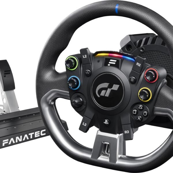 Fanatec CSL Elite Volante de Carreras, Base y Pedales Licencia Oficial Gran Turismo DD Pro Playstation – Volante Polyphony Digital, FluxBarrier Direct Drive, Juego de dos Pedales para PC, PS5, PS4