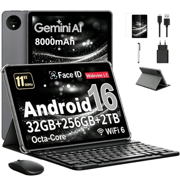 Tableta 11 Pulgadas en Gemini AI, Tableta Android 16 en Funda, Teclado & Ratón, Octa-Core, 32 GB RAM + 256 GB ROM + 2 TB TF, 1920x1200 Pantalla HD, 90 Hz, Cámara Doble 8MP + 16MP, 8000 mAh (Gris)