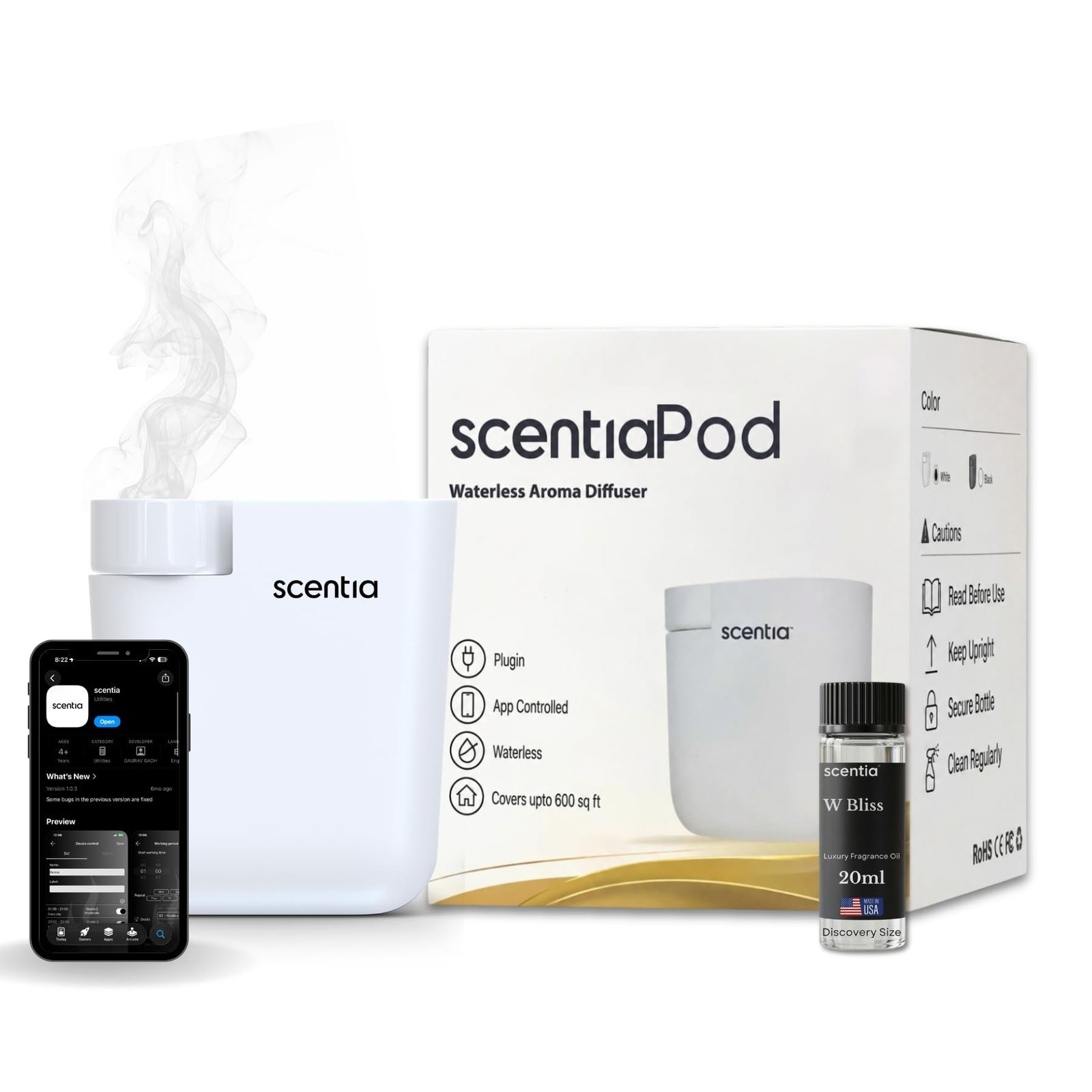Scentia Difusor sin agua enchufable | Difusor de pared para hogar, oficina, sala de yoga, cobertura de nanotecnología de 500 pies cuadrados | Blanco | Aceite de 20 ml incluido